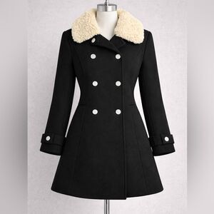 Karl Lagerfeld Paris Black Wool Coat Faux Shearling Collar Double Breasted Sz 8.